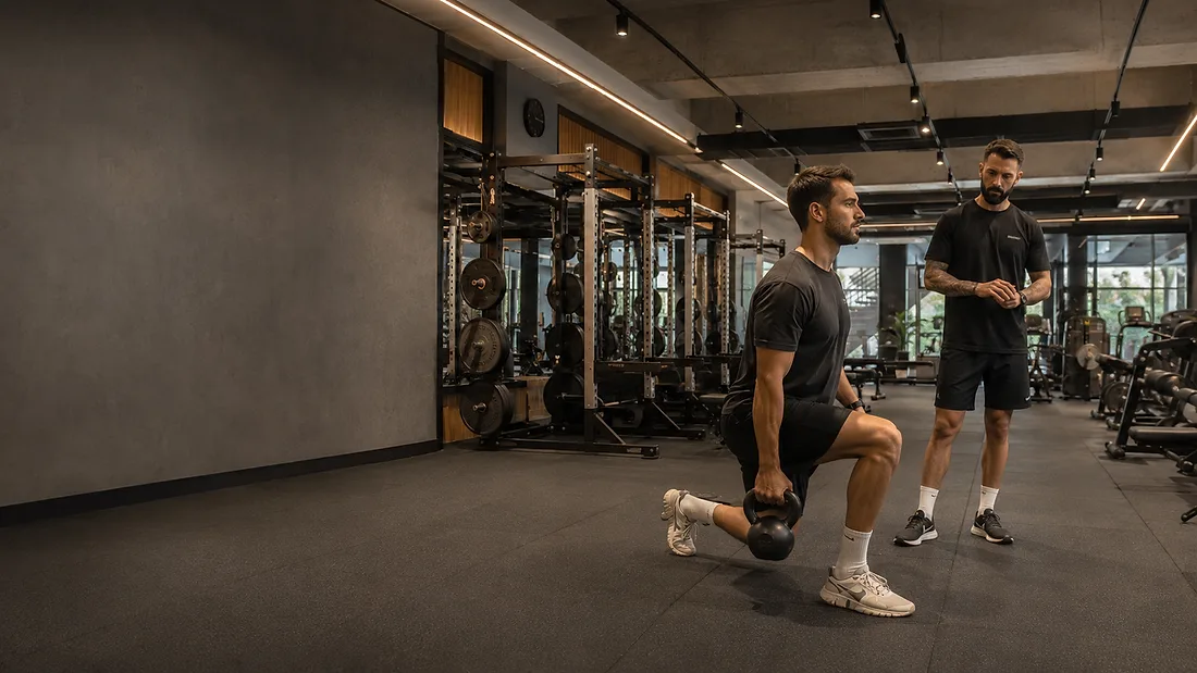 Koç eşliğinde kettlebell lunge çalışan üye