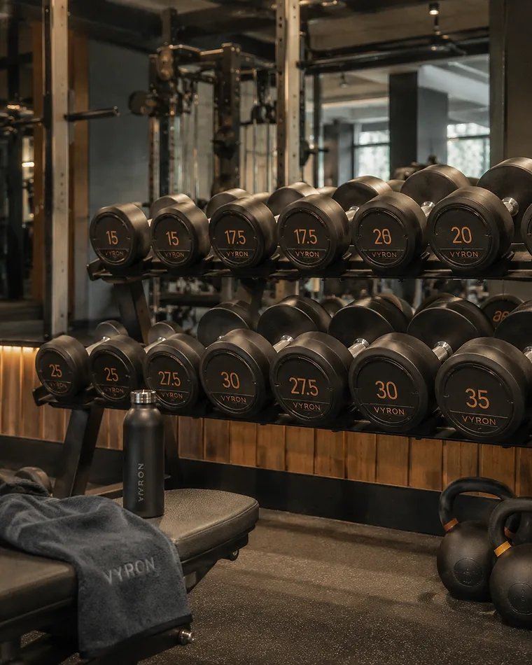 VYRON markalı dumbbell rack ve kettlebell detayı