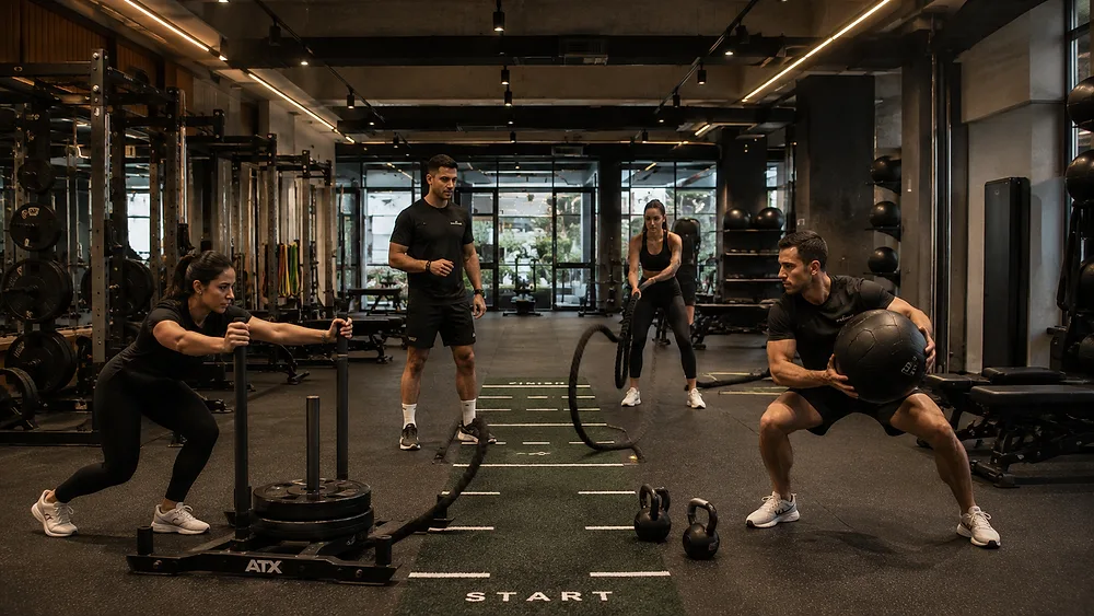 Fonksiyonel alanda sled, battle rope ve sağlık topu istasyonlarında çalışan üyeler